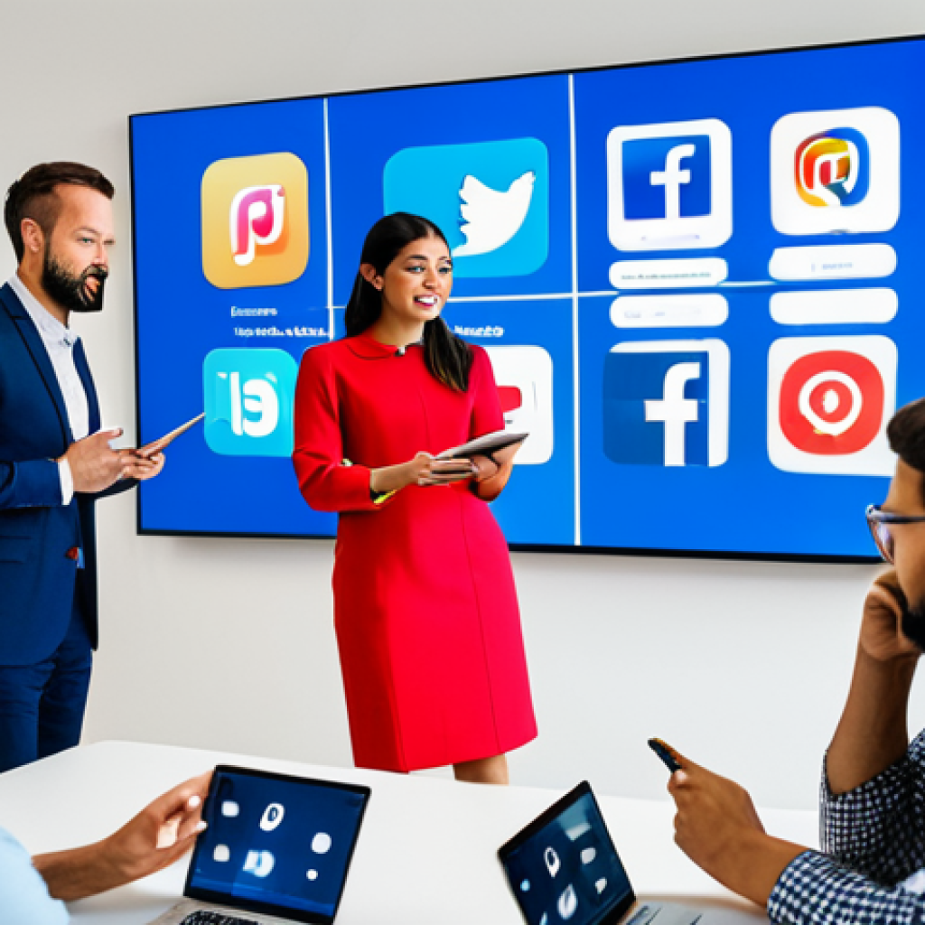 A diverse group of professional marketing experts in modest business casual attire, engaged in a dynamic discussion around a large, interactive digital display showing various social media platform logos (e.g., Facebook, Instagram, TikTok, Zalo). They are pointing at the screen, taking notes, and collaborating actively in a bright, modern office environment. Professional photography, high detail, vibrant colors, clear focus, perfect anatomy, correct proportions, natural pose, well-formed hands, proper finger count, natural body proportions, fully clothed, modest clothing, appropriate attire, professional dress, safe for work, appropriate content, professional, family-friendly.