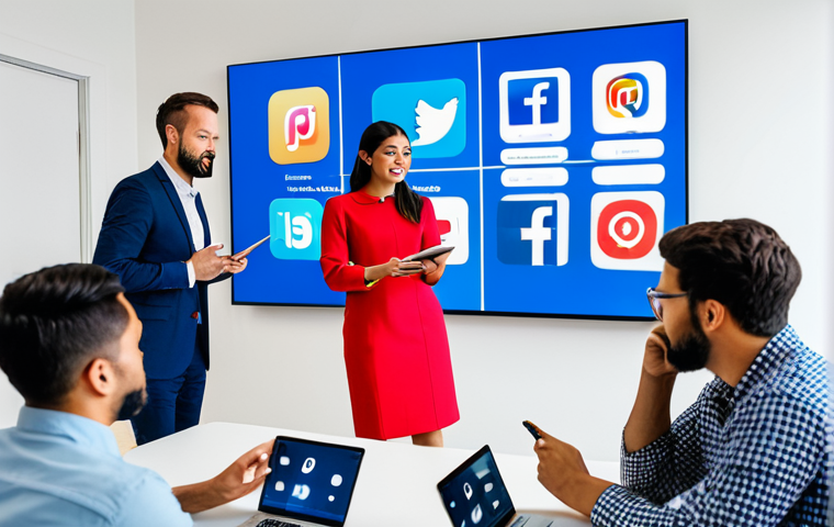 A diverse group of professional marketing experts in modest business casual attire, engaged in a dynamic discussion around a large, interactive digital display showing various social media platform logos (e.g., Facebook, Instagram, TikTok, Zalo). They are pointing at the screen, taking notes, and collaborating actively in a bright, modern office environment. Professional photography, high detail, vibrant colors, clear focus, perfect anatomy, correct proportions, natural pose, well-formed hands, proper finger count, natural body proportions, fully clothed, modest clothing, appropriate attire, professional dress, safe for work, appropriate content, professional, family-friendly.