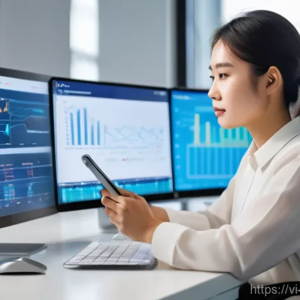 소셜미디어마케팅 경력 관리 - **Prompt:** A young Vietnamese female professional, wearing smart business casual attire, intently f...