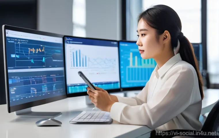 소셜미디어마케팅 경력 관리 - **Prompt:** A young Vietnamese female professional, wearing smart business casual attire, intently f...