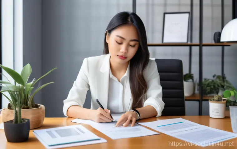 소셜미디어마케터가 알아야 할 법률 - A Vietnamese female content creator, dressed in smart casual attire, sits at a modern desk with mult...