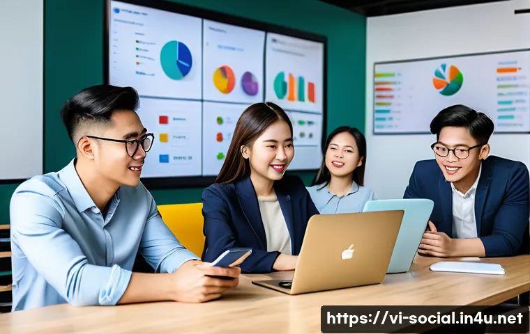 소셜미디어마케팅 신입 사원 팁 - A vibrant Vietnamese social media marketing office scene showing a diverse team of young professiona...