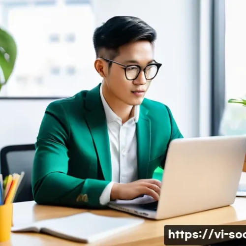 Home 28 소셜미디어마케팅 관련 자격증 전망 - A modern Vietnamese marketing professional in a bright, stylish office setting, working on a laptop ...