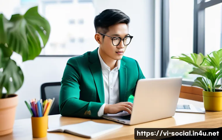 소셜미디어마케팅 관련 자격증 전망 - A modern Vietnamese marketing professional in a bright, stylish office setting, working on a laptop ...
