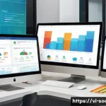 Home 21 소셜미디어마케팅과 데이터 시각화 - A vibrant social media marketing dashboard displayed on a modern computer screen in a Vietnamese off...