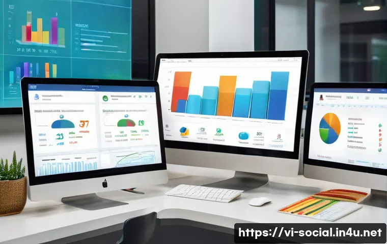 소셜미디어마케팅과 데이터 시각화 - A vibrant social media marketing dashboard displayed on a modern computer screen in a Vietnamese off...
