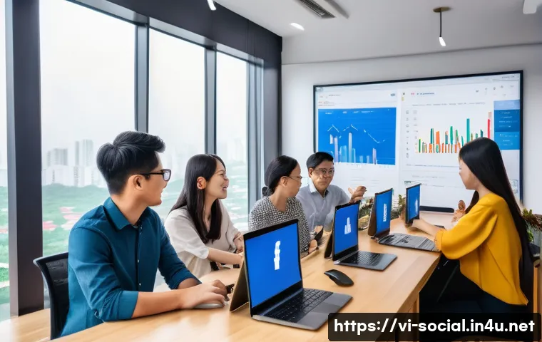 소셜미디어마케터의 필수 역량 - A vibrant social media marketing office scene set in Vietnam, showing a diverse team of young profes...