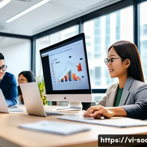 Home 30 소셜미디어마케팅 팀워크 구축 방법 - A diverse Vietnamese social media marketing team collaborating in a modern office setting, focused o...