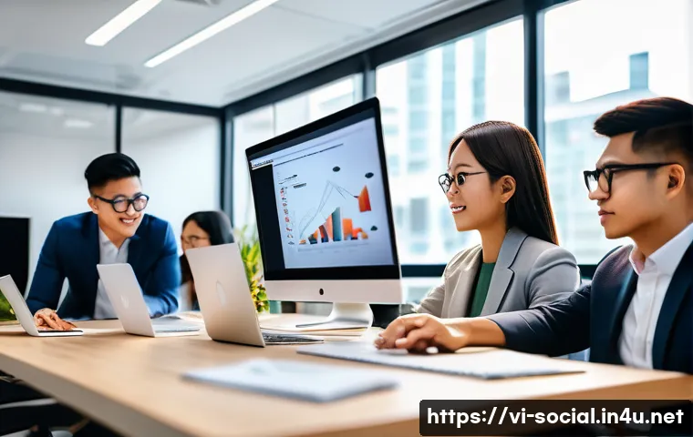 소셜미디어마케팅 팀워크 구축 방법 - A diverse Vietnamese social media marketing team collaborating in a modern office setting, focused o...