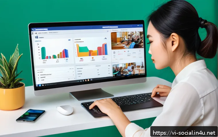 소셜미디어마케팅 최신 트렌드 - A vibrant Vietnamese social media marketing workspace featuring a young professional woman analyzing...